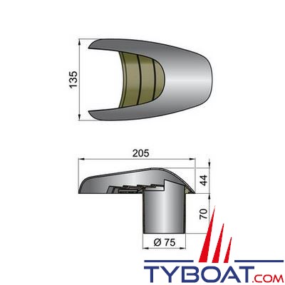 Aérateur à coquille Vetus TYPHOON inox 316 manchon intégré Ø 75 mm