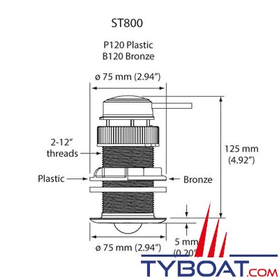 Airmar - Sonde traversante plastique ST800 - Vitesse et température - Avec passe-coque P120 - Sans connecteur