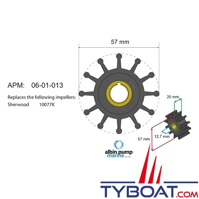 Albin Pump Marine - Turbine  néoprène Ø 57 mm - épaisseur 20 mm - 12 pale - axe fendu