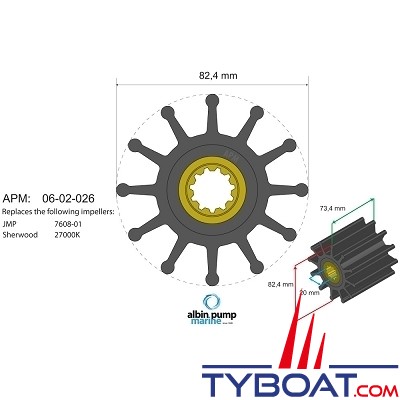 Albin Pump Marine - Turbine Néoprène Ø 82.4 mm - épaisseur 73.4 mm  - 12 pales - 11 cannelures