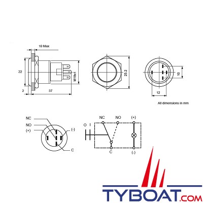 BEP - Bouton poussoir à LED bleue - 12V - on/off - série 80-511