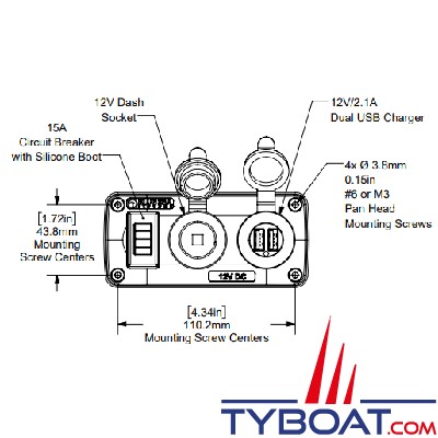 Blue Sea Systems - Panneau d'accessoires résistants à l'eau - disjoncteur 15A, prise 12V, chargeur USB double 2.1A