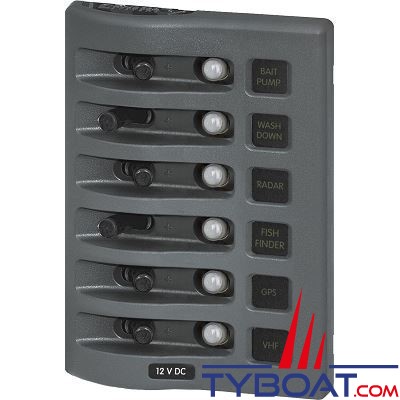 Blue Sea Systems - Tableau étanche WeatherDeck® - gris - 12 Volts - 6 interrupteurs + 6 disjoncteurs - 4376