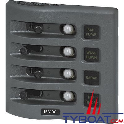 Blue Sea Systems - Tableau étanche WeatherDeck® - gris - 12 Volts - 4 interrupteurs + 4 disjoncteurs - 4374