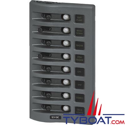 Blue Sea Systems - Tableau étanche WeatherDeck® - gris - 12 Volts - 8 interrupteurs + 8 disjoncteurs - 4378