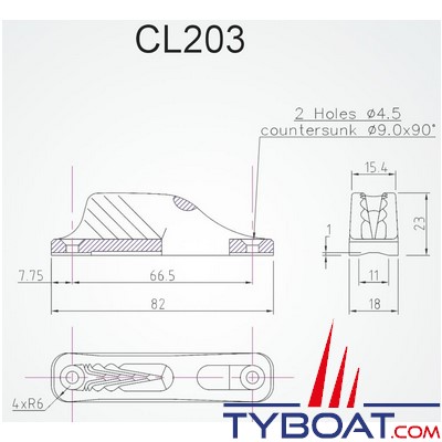 Clamcleat - CL203 - Coinceur junior polyamide noir pour cordage Ø 3 à 6 mm