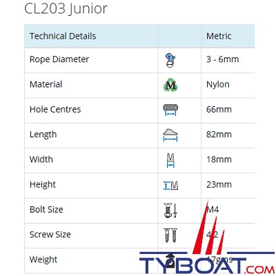 Clamcleat - CL203 - Coinceur junior polyamide noir pour cordage Ø 3 à 6 mm