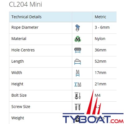 Clamcleat - CL204  - Coinceur mini polyamide noir pour cordage Ø 3 à 6 mm