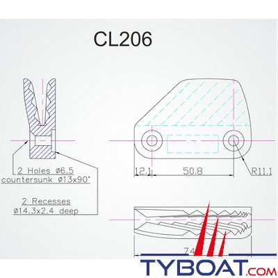 Clamcleat - CL206 - Coinceur latéral tribord polyamide noir pour cordage Ø 6 à 10 mm
