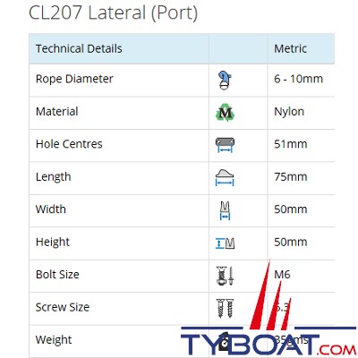 Clamcleat - CL207 - Coinceur latéral babord polyamide noir pour cordage Ø 6 à 10 mm