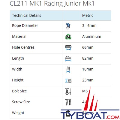 Clamcleat - CL211 MK1 coinceur à pontet racing junior alu pour cordage Ø 3 à 6 mm