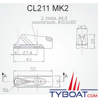 Clamcleat - CL211 MK2 coinceur à pontet racing junior alu pour cordage Ø 3 à 6 mm