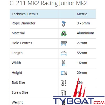 Clamcleat - CL211 MK2 coinceur à pontet racing junior alu pour cordage Ø 3 à 6 mm