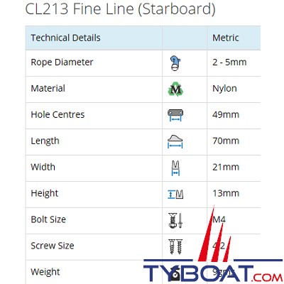 Clamcleat - CL213 - Coinceur latéral tribord polyamide noir pour cordage Ø 2 à 5 mm
