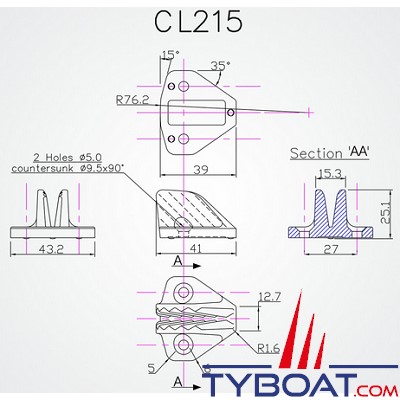 Clamcleat - CL215 - Coinceur ouvert midi polyamide noir latéral pour cordage Ø 4 à 8 mm