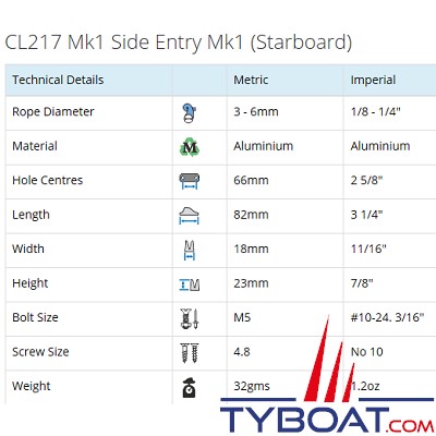 Clamcleat - CL217 MK1 coinceur vertical racing tribord alu pour cordage Ø 3 à 6 mm