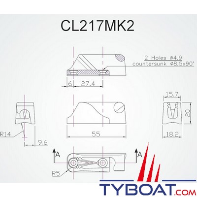 Clamcleat - CL217 MK2 coinceur vertical racing tribord alu pour cordage Ø 3 à 6 mm