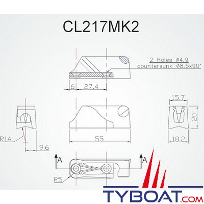 Clamcleat - CL217 MK2 coinceur vertical racing tribord alu pour cordage Ø 3 à 6 mm