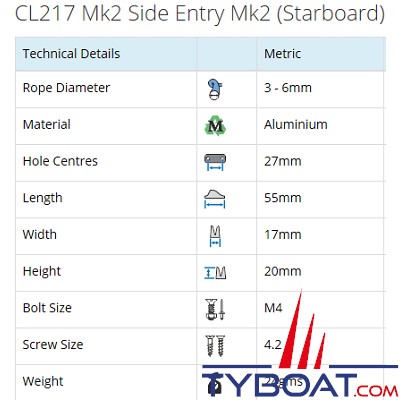 Clamcleat - CL217 MK2 coinceur vertical racing tribord alu pour cordage Ø 3 à 6 mm