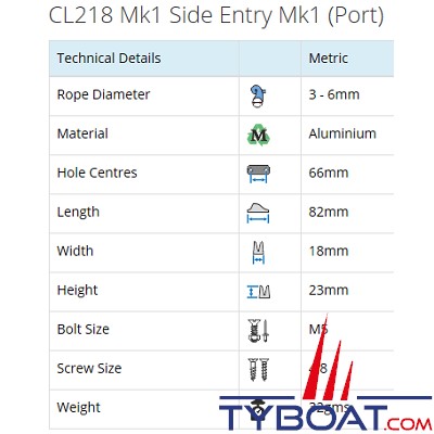 Clamcleat - CL218 MK1 coinceur vertical racing babord alu pour cordage Ø 3 à 6 mm