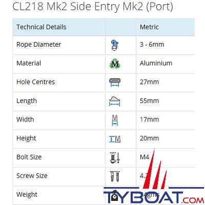 Clamcleat - CL218 MK2 coinceur vertical racing babord alu pour cordage Ø 3 à 6 mm