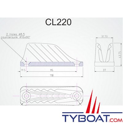 Clamcleat - CL220 coinceur ouvert racing major alu pour cordage Ø 12 à 16 mm