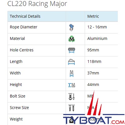 Clamcleat - CL220 coinceur ouvert racing major alu pour cordage Ø 12 à 16 mm