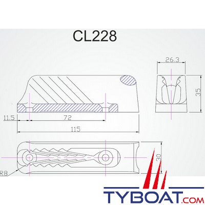 Clamcleat - CL228 coinceur à pontet vertical polyamide pour cordage Ø 6 à 12 mm