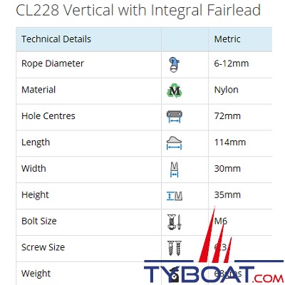 Clamcleat - CL228 coinceur à pontet vertical polyamide pour cordage Ø 6 à 12 mm