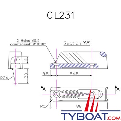 Clamcleat - CL231 - Coinceur à pontet midi polyamide pour cordage Ø 4 à 8 mm