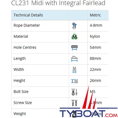 Clamcleat - CL231 - Coinceur à pontet midi polyamide pour cordage Ø 4 à 8 mm