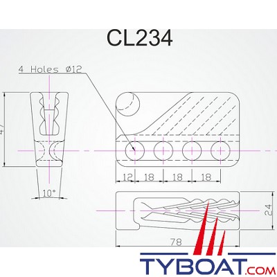 Clamcleat - CL234 Taquet mobile à trou polyamide noir pour cordage Ø 6 à 12 mm