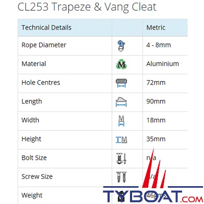 Clamcleat - CL253 taquet de trapèze alu pour cordage Ø 4 à 8 mm