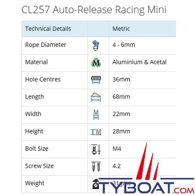 Clamcleat - CL257 Taquet à déverrouillage automatique racing mini alu pour cordage Ø 4 à 6 mm