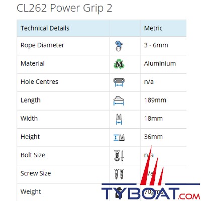 Clamcleat - CL262 poignée d'étarquage alu 2 mains pour cordage Ø 3 à 6 mm