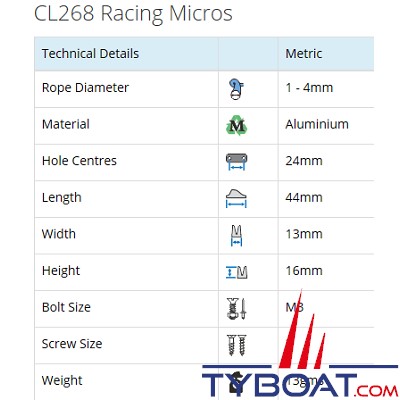 Clamcleat - CL268 coinceur à pontet racing micro alu pour cordage Ø 1 à 4 mm