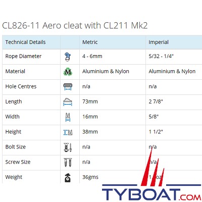 Clamcleat - CL826-11 Coinceur aero base avec silver MK2 pour corde de 4 à 6 mm