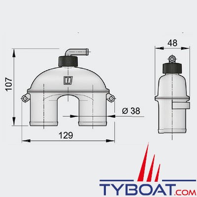 Coude anti-siphon Vetus ASD38V avec clapet pour tuyau Ø 38mm