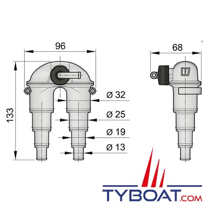 Coude anti-siphon Vetus ASDH Ø 13/19/25/32mm avec tuyau longueur 4 m.