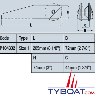 Maxwell - Davier d'étrave fixe 1 - Dimensions 205 x 72 mm pour cordage/chaîne  jusqu'à Ø 8mm