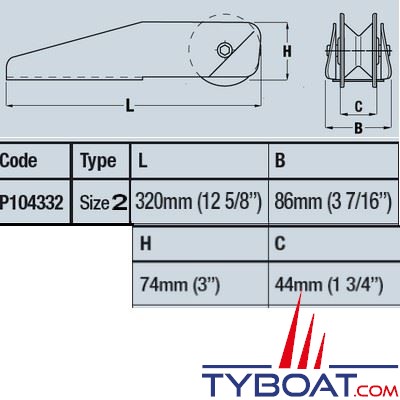 Maxwell - Davier d'étrave fixe 2 - Dimensions 320 x 86 mm pour cordage/chaîne  jusqu'à Ø 8mm