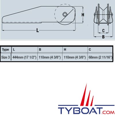 Maxwell - Davier d'étrave fixe 3 - Dimensions 444 x 110 mm pour cordage/chaîne  jusqu'à Ø 13mm