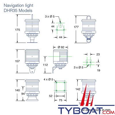 DHR - Feu de navigation série 35 fixation sur base V - Poupe blanc - Secteur 135° - Visibilité 2Nm