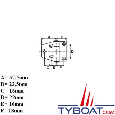 Charnière inox 316  longueur  61 x largeur 40 mm épaisseur 2mm (x2 pièces)