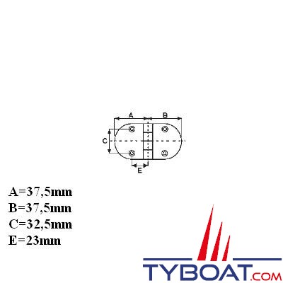 Charnière inox 316  longueur  75 x largeur 40 mm épaisseur 2mm (x2 pièces)