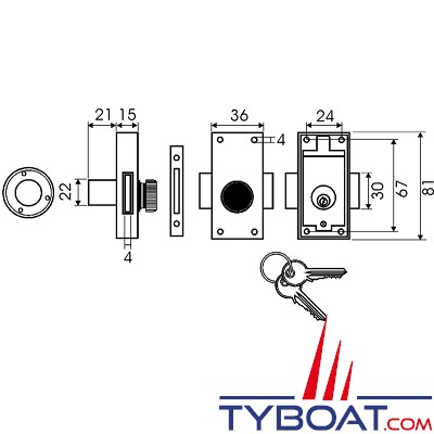 Verrou marin à barillet - 81X36mm