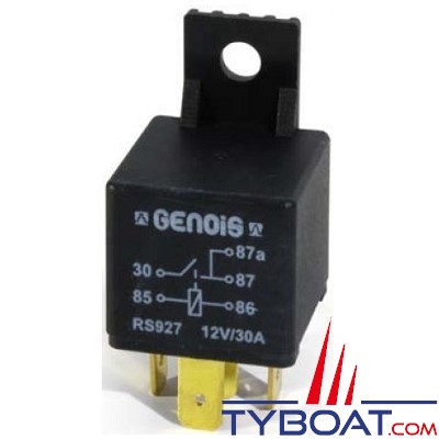 Genois - Mini relais unipolaire - 12 volts - 30 Ampères - 5 bornes avec diode et patte de fixation - (10 unités) 