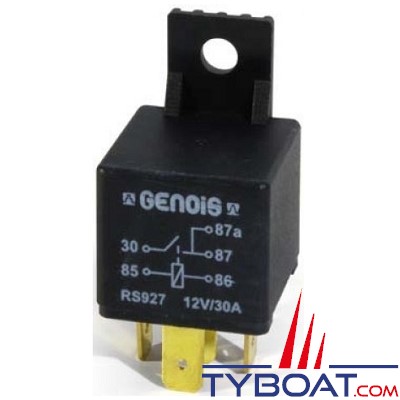 Genois - Mini relais unipolaire - 12 volts - 30 Ampères - 5 bornes avec diode et patte de fixation