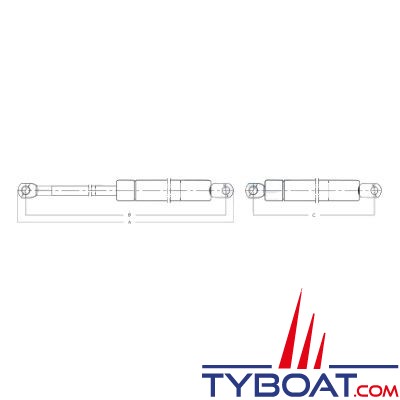 Vérin à gaz pour panneau - Inox 316 - Hors-tout 145mm - Course 27 mm - Résistance 2 kg