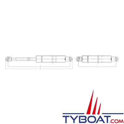 Vérin à gaz pour panneau - Inox 316 - Hors-tout 250 mm - Course 79 mm - Résistance 27 kg